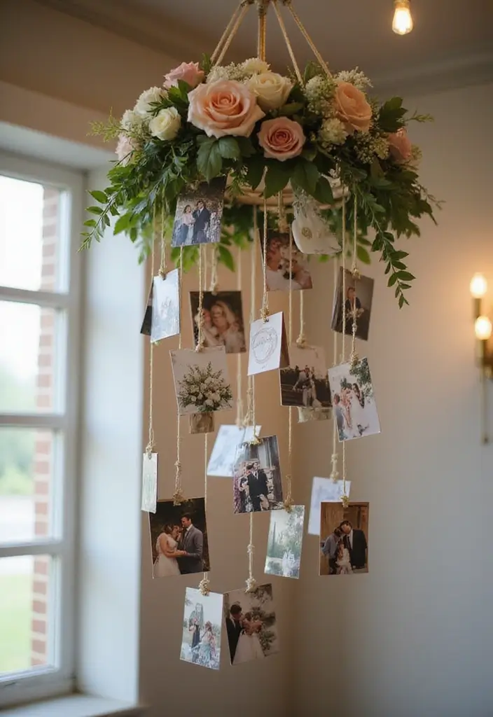 29 Wedding Photo Display Ideas That Tell Your Love Story - 9. Hanging Photo Mobile