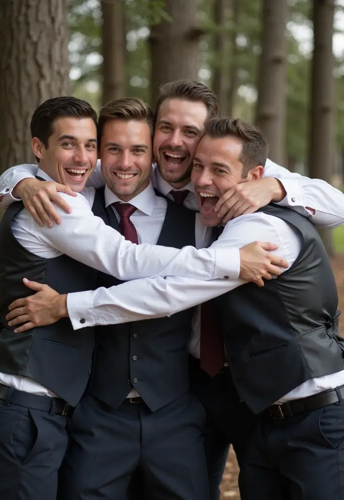 29 Wedding Photo Ideas: Funny And Candid Moments - 10. The Groomsmen's Group Hug