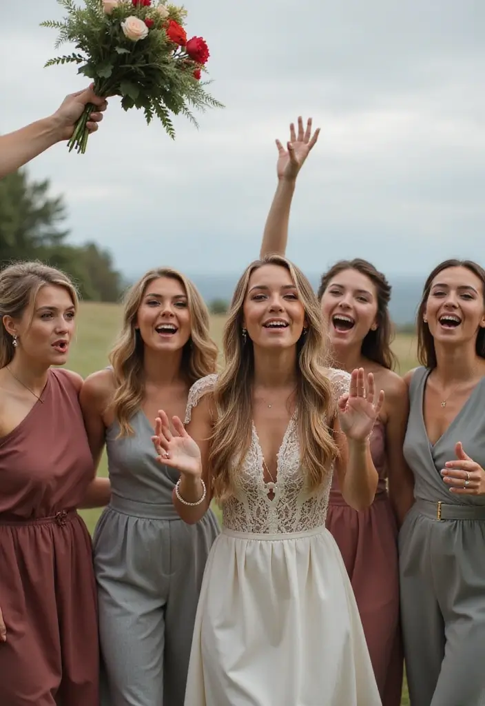 29 Wedding Photo Ideas: Funny And Candid Moments - 3. The Unplanned Bouquet Toss Mayhem