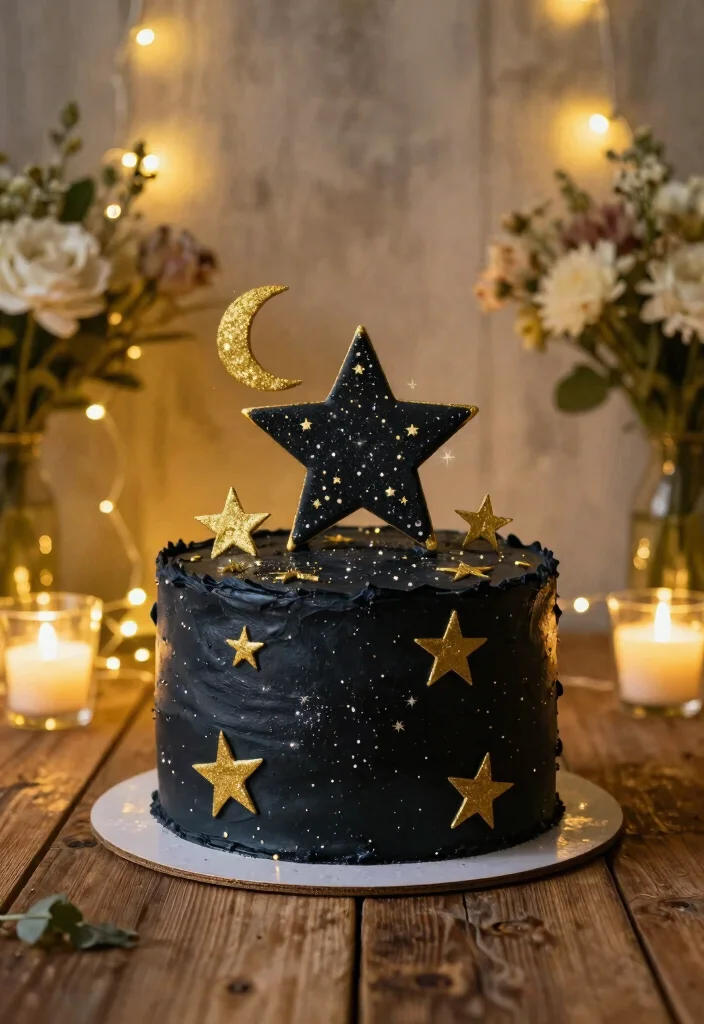 17 50th Anniversary Cake Ideas That Shine With Gold - 12. Gold Starry Night Cake 1