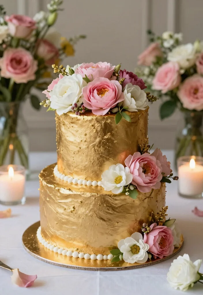 17 50th Anniversary Cake Ideas That Shine With Gold - 6. Gold Floral Cake 1
