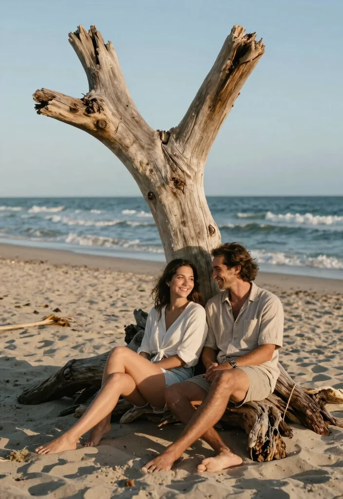 17 Beach Prenup Photoshoot Ideas That Feel Natural - 9. Driftwood Decor Shots 1