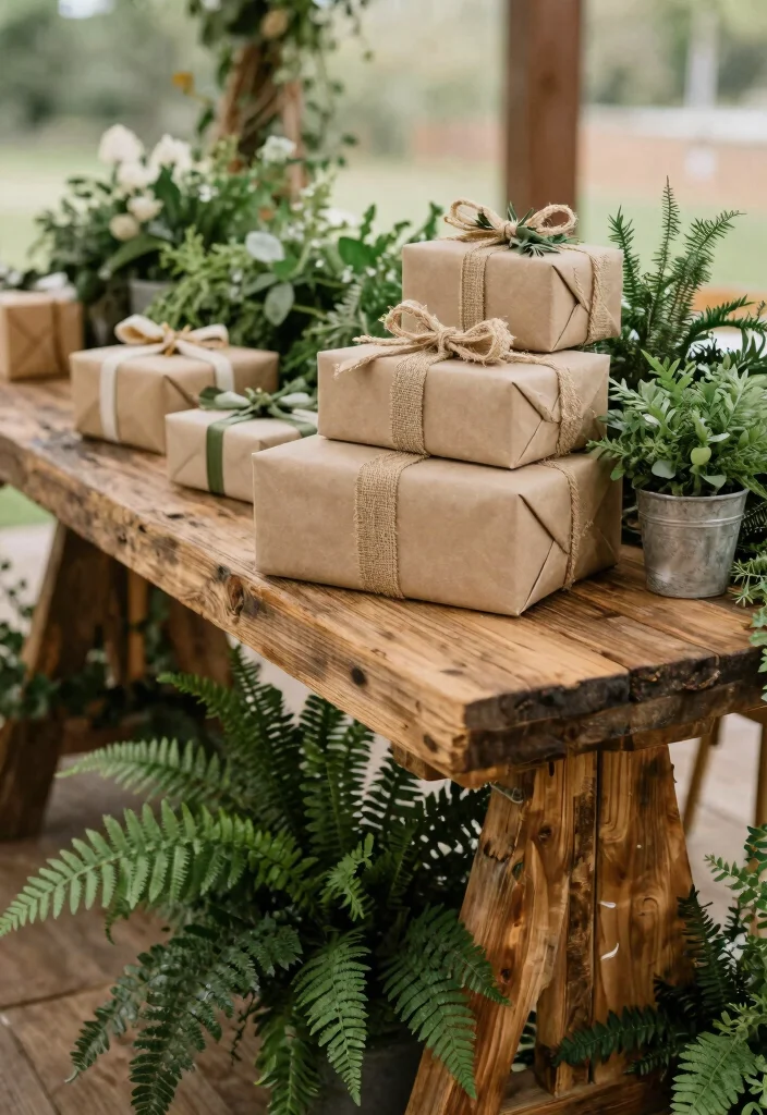 17 Wedding Gift Table Ideas That Look Polished - 1. Rustic Wood and Greenery Elegance 1