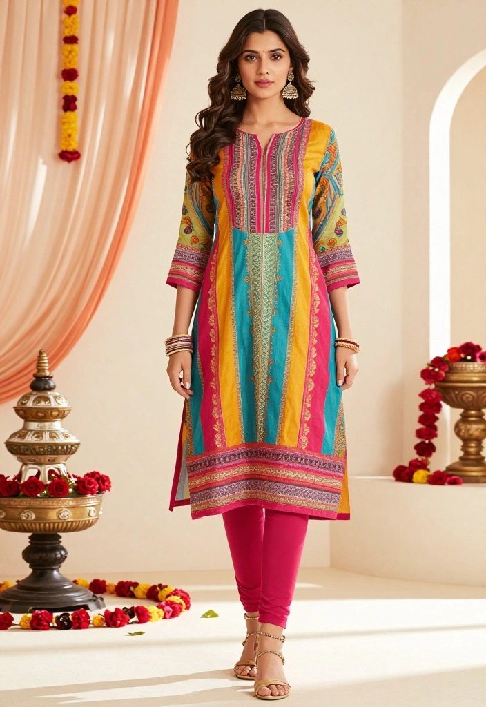 18 Haldi Outfit Ideas That Shine in Every Photo - 13. Colorful Kurti with Leggings 1