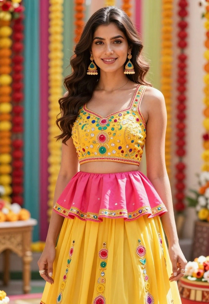 18 Haldi Outfit Ideas That Shine in Every Photo - 15. Bright Peplum Top with Skirt 1