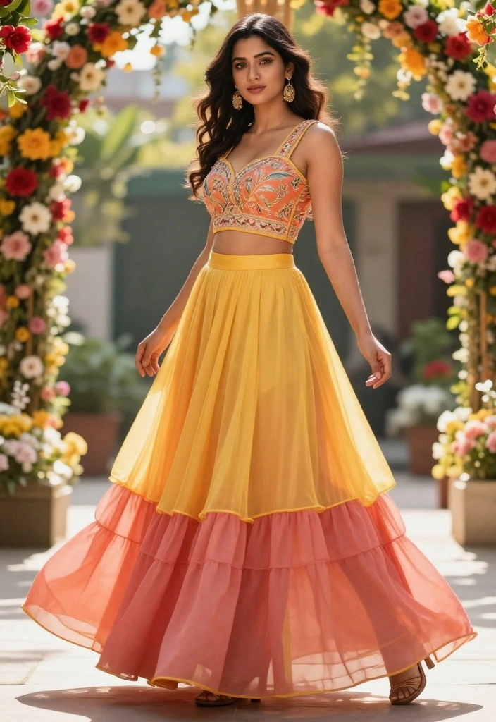 18 Haldi Outfit Ideas That Shine in Every Photo - 7. Layered Skirt and Crop Top 1