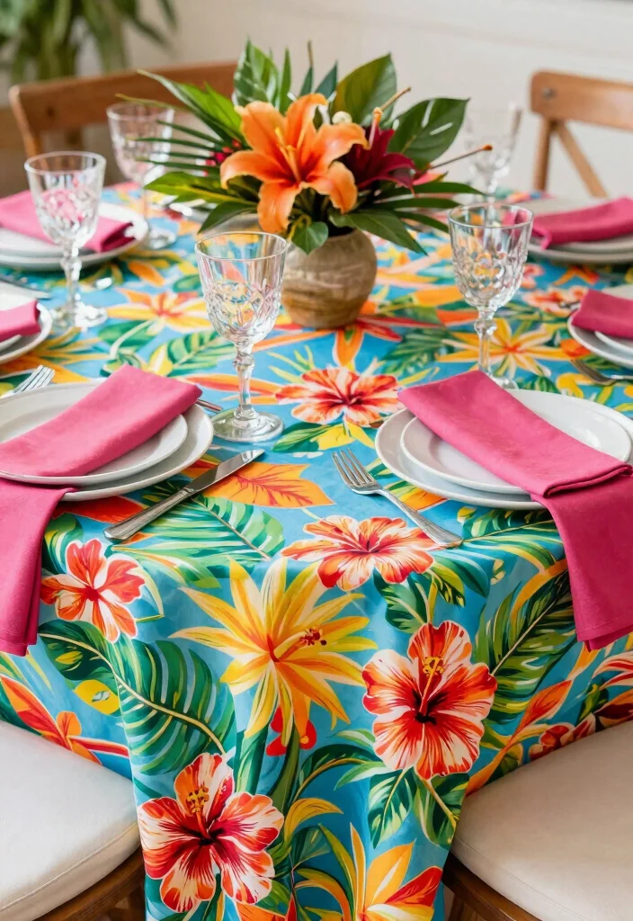 18 Hawaiian Bridal Shower Ideas That Feel Tropical - 13. Hawaiian Print Table Linens 1