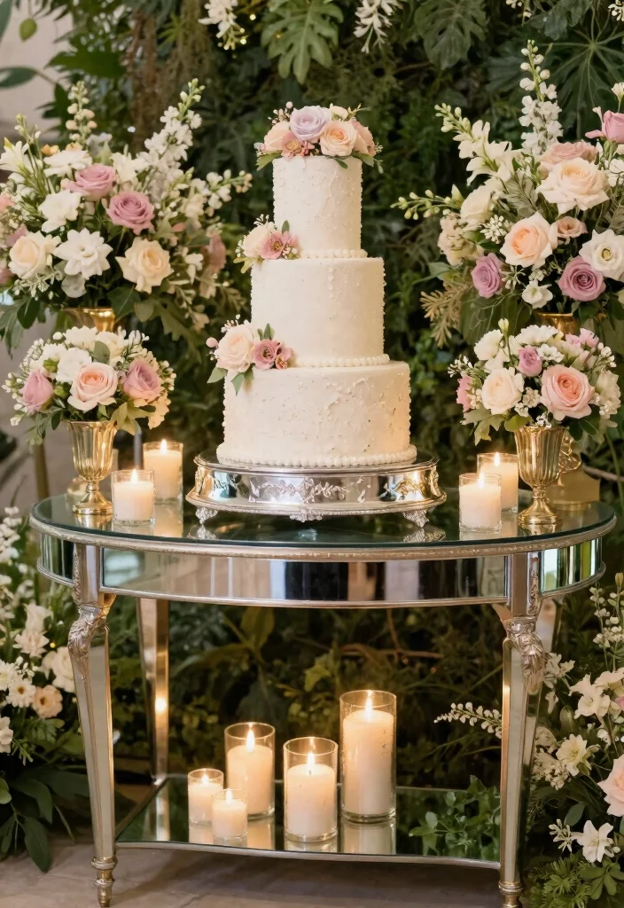 18 Wedding Cake Table Ideas That Elevate Dessert Displays - 10. Elegant Mirrored Cake Table 1