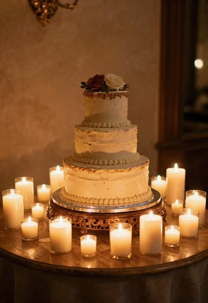 18 Wedding Cake Table Ideas That Elevate Dessert Displays - 12. Candlelit Cake Table 1