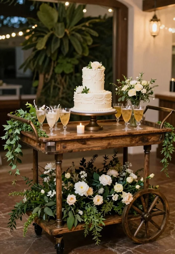 18 Wedding Cake Table Ideas That Elevate Dessert Displays - 15. Rustic Bar Cart Cake Display 1