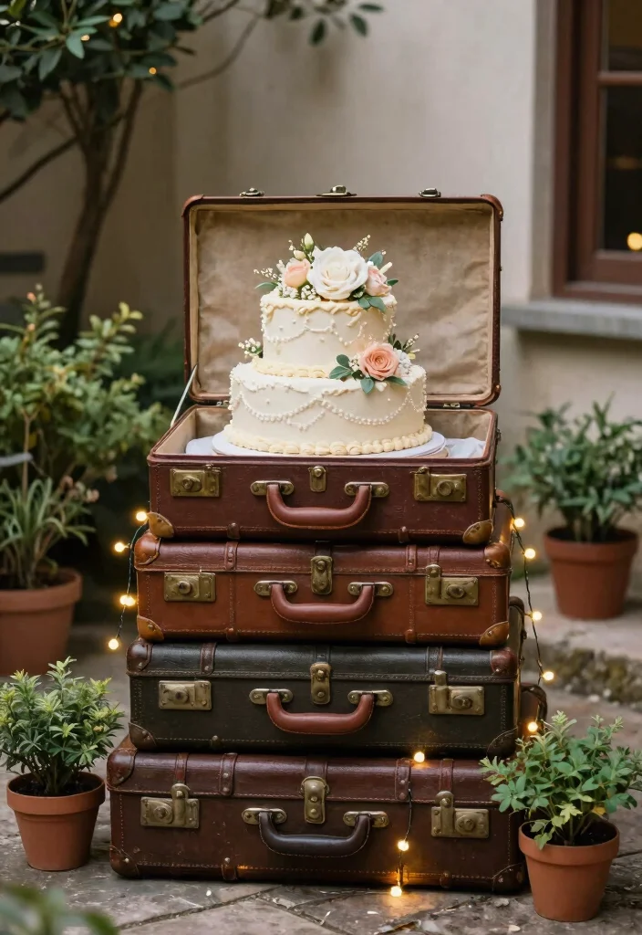 18 Wedding Cake Table Ideas That Elevate Dessert Displays - 2. Vintage Suitcase Cake Table 1
