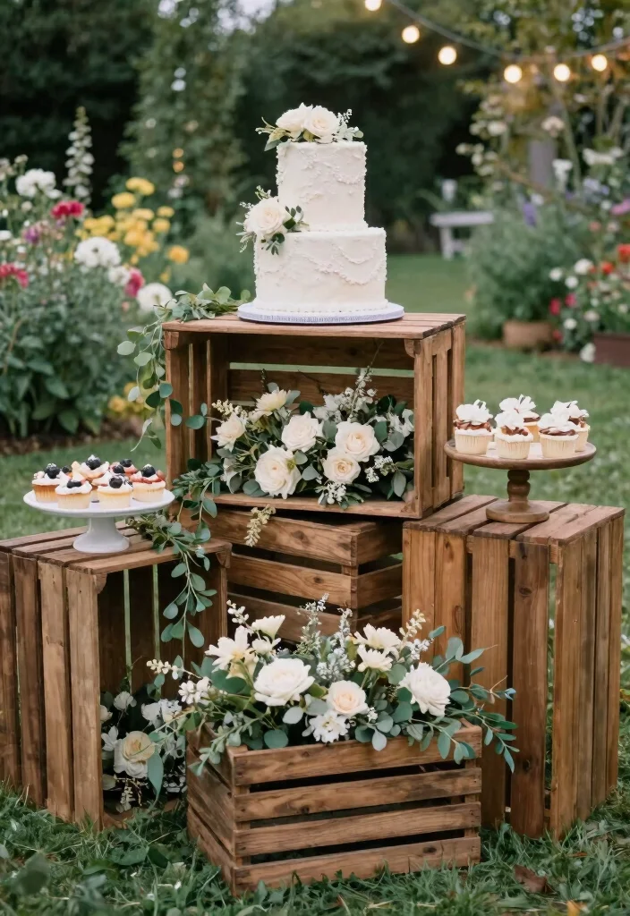 18 Wedding Cake Table Ideas That Elevate Dessert Displays - 3. Rustic Wooden Crate Display 1