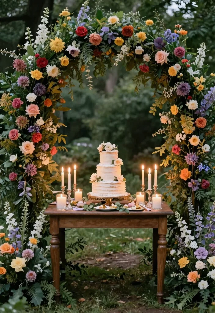18 Wedding Cake Table Ideas That Elevate Dessert Displays - 5. Floral Arch Cake Table 1
