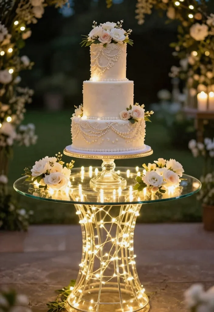 18 Wedding Cake Table Ideas That Elevate Dessert Displays - 7. Glass Table with Fairy Lights 1
