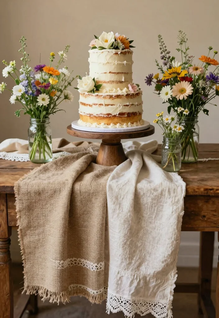 18 Wedding Cake Table Ideas That Elevate Dessert Displays - 8. Rustic Table with Textured Fabrics 1