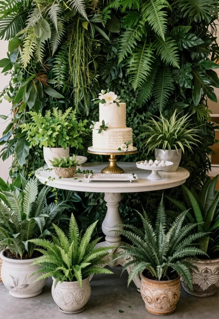 18 Wedding Cake Table Ideas That Elevate Dessert Displays - 9. Potted Plant Cake Table 1