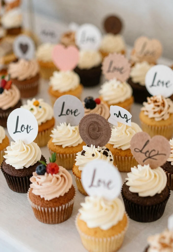 18 Wedding Cupcake Table Ideas That Look Beautiful - 16. Personalizing with Custom Toppers 1