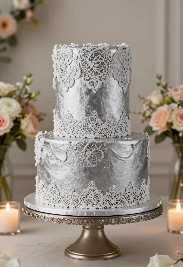 19 25th Anniversary Cake Ideas With Silver Elegance - 12. Silver Lace Cake 1