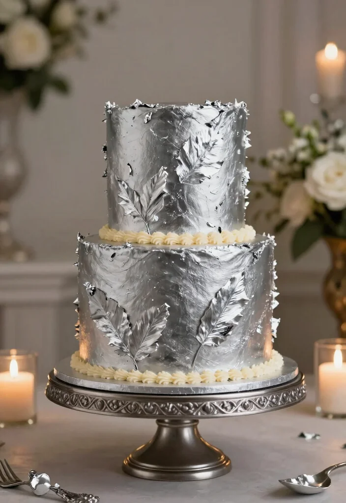 19 25th Anniversary Cake Ideas With Silver Elegance - 5. Elegant Silver Leaf Cake 1
