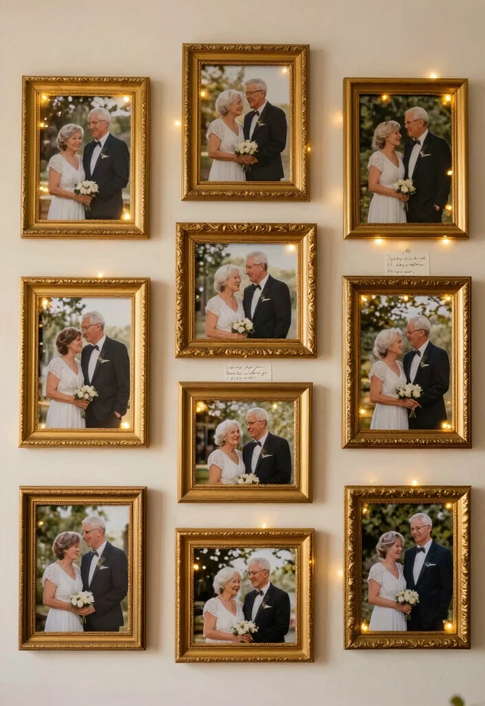 19 60th Anniversary Party Ideas That Shine With Love - 1. Golden Memories Photo Wall 1