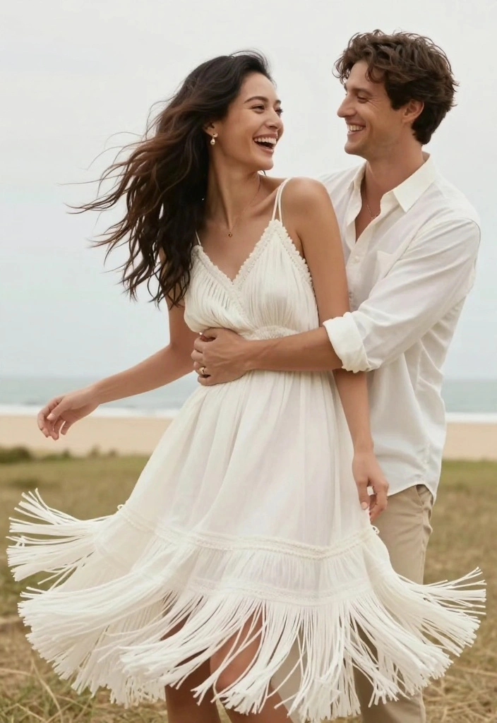 19 Engagement Outfit Ideas That Photograph Beautifully - 15. Soft White Dress with Fringe Details 1
