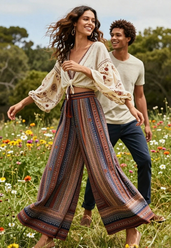 19 Engagement Outfit Ideas That Photograph Beautifully - 18. Bohemian Wide-Leg Pants with a Flowing Top 1