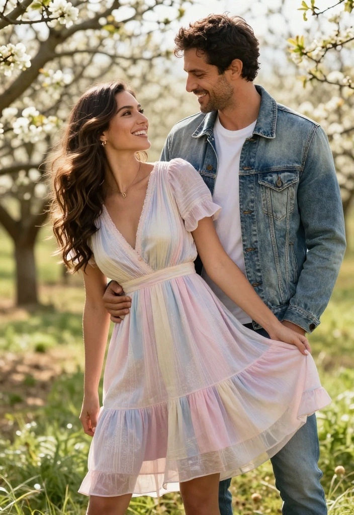 19 Engagement Outfit Ideas That Photograph Beautifully - 7. Rustic Denim Jacket with Pastel Dress 1