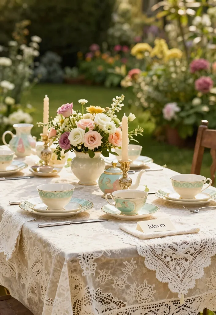 19 Garden Tea Party Bridal Shower Ideas That Feel Whimsical - 1. Vintage Lace Table Linens 1