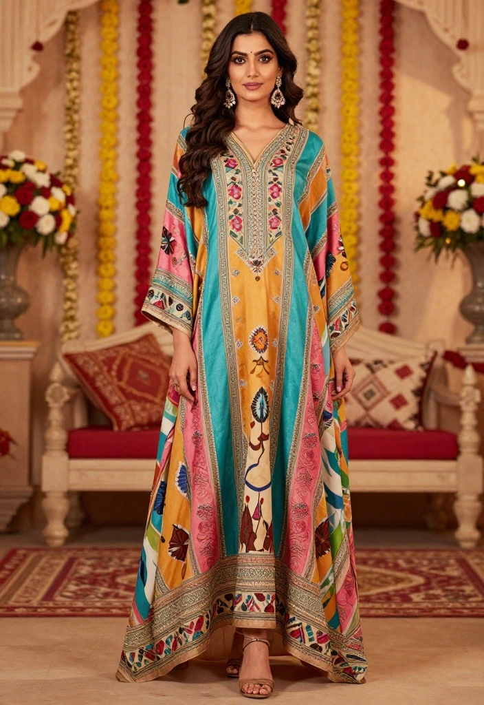 19 Mehndi Outfit Ideas That Steal the Show - 16. Artistic Print Kaftan 1