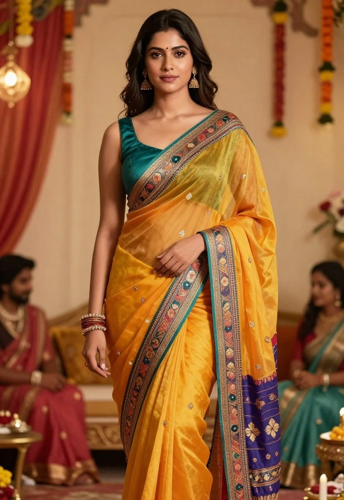 19 Mehndi Outfit Ideas That Steal the Show - 18. Trendy Sari with Contemporary Blouse 1