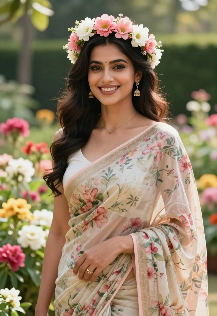 19 Photoshoot Ideas In Saree That Look Stunning - 11. Whimsical Flower Crown 1