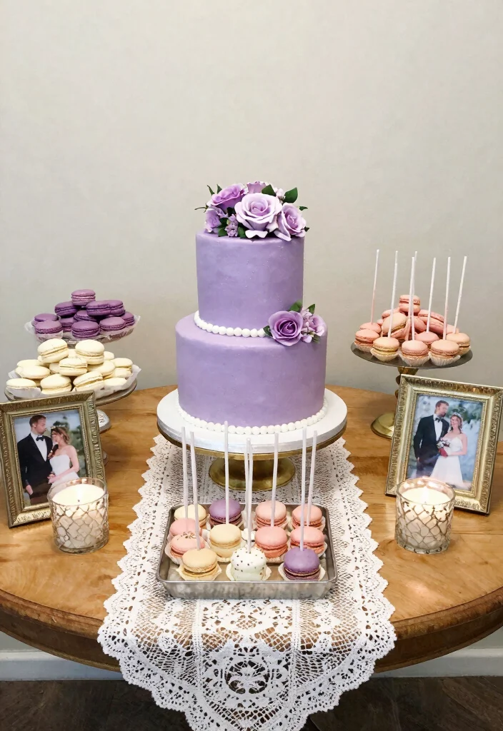 19 Purple Bridal Shower Ideas That Radiate Royalty - 10. Elegant Cake Table 1