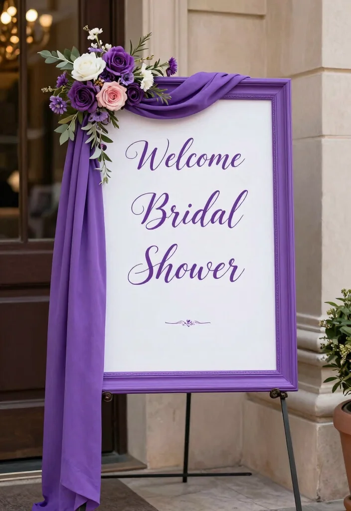 19 Purple Bridal Shower Ideas That Radiate Royalty - 12. Charming Welcome Sign 1