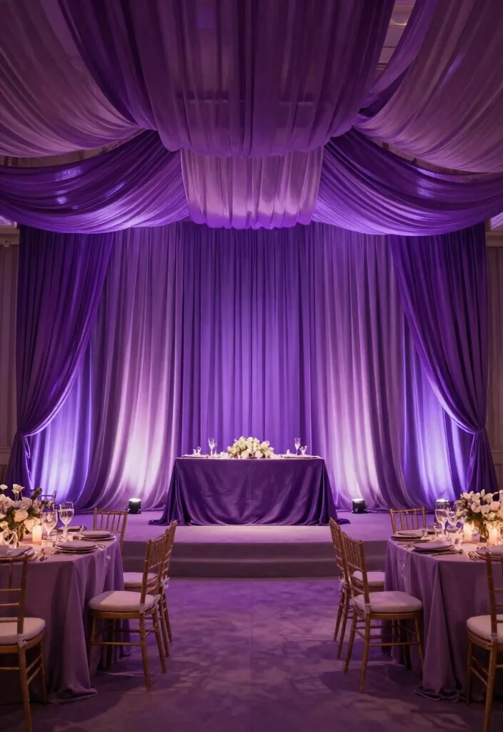 19 Purple Bridal Shower Ideas That Radiate Royalty - 13. Luxurious Drapery and Linens 1
