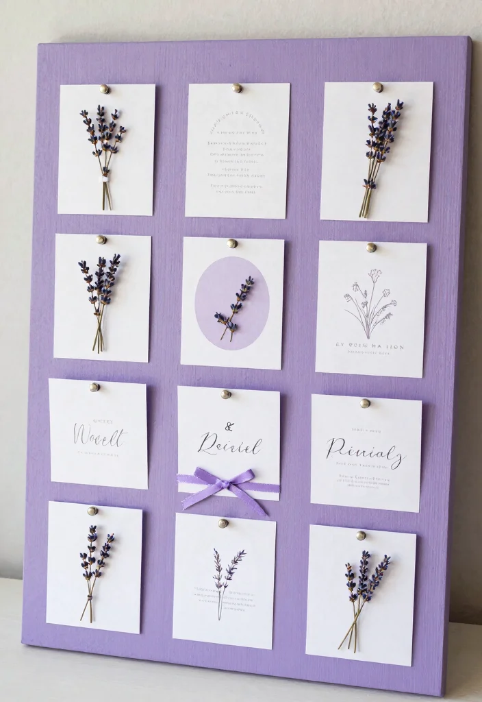 19 Purple Bridal Shower Ideas That Radiate Royalty - 16. Creative Seating Card Display 1