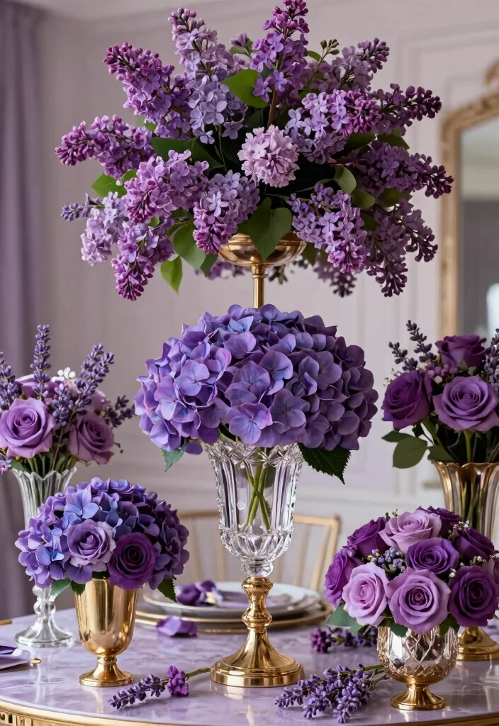 19 Purple Bridal Shower Ideas That Radiate Royalty - 4. Royal Purple Floral Arrangements 1