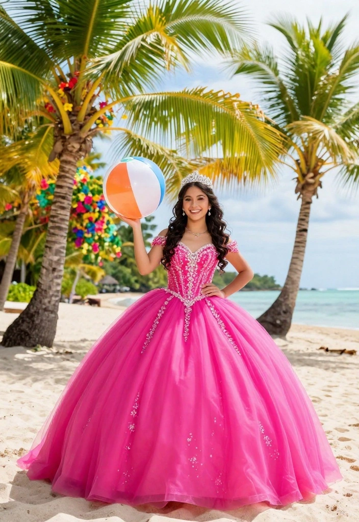 19 Quince Photoshoot Ideas That Feel Fun and Regal - 9. Tropical Paradise 1