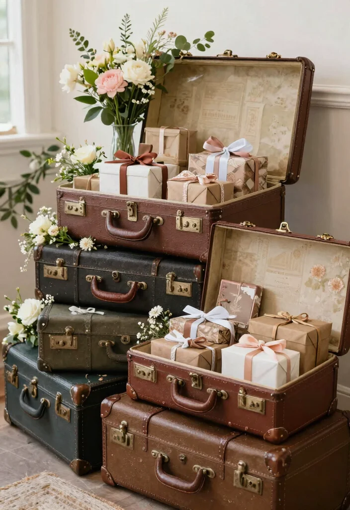 19 Rustic Bridal Shower Ideas Full Of Charm - 17. Vintage Suitcase Decor 1