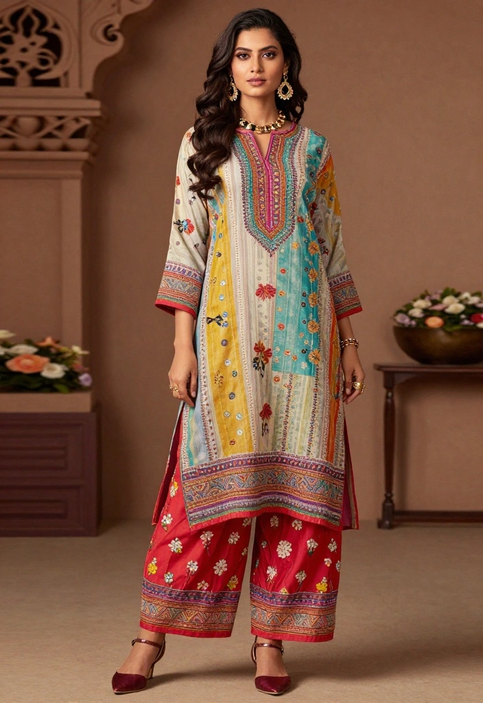 19 Sangeet Outfit Ideas That Shine On The Dance Floor - 8. Colorful Palazzo Pants with Long Kurta 1