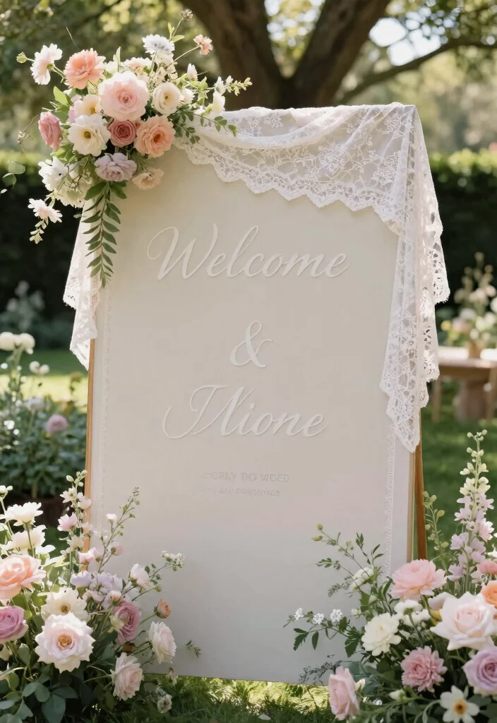 19 Wedding Welcome Board Ideas That Greet Guests Beautifully - 19. Vintage Lace Welcome Board 1