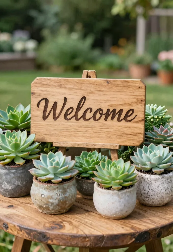19 Wedding Welcome Board Ideas That Greet Guests Beautifully - 2. Eco-Friendly Succulent Display 1