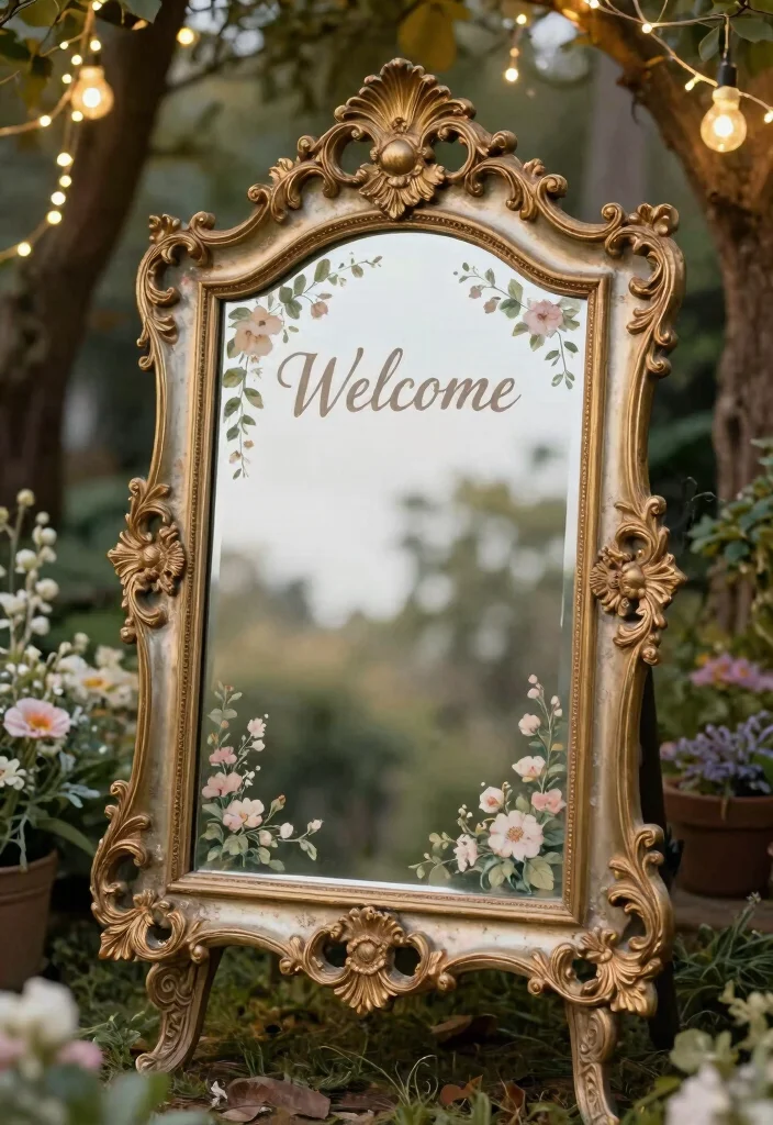 19 Wedding Welcome Board Ideas That Greet Guests Beautifully - 3. Vintage Mirror Welcome Sign 1