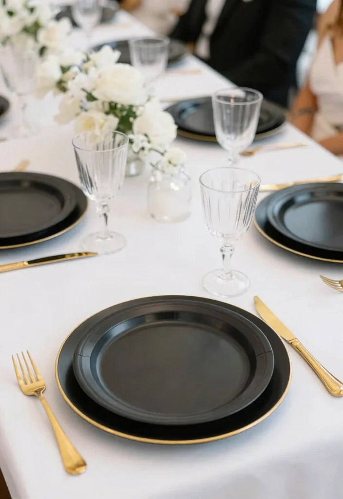 12 Disposable Wedding Table Settings That Look Like Real China - 1. Classy Black and Gold Plates 1