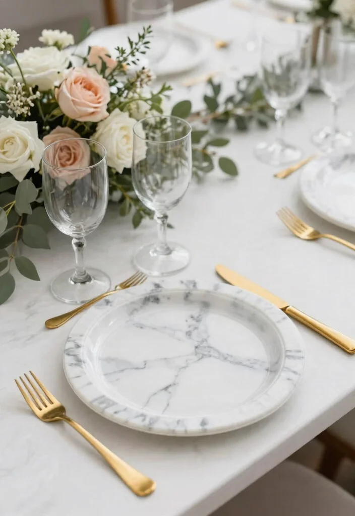 12 Disposable Wedding Table Settings That Look Like Real China - 10. Chic Marble Plates 1