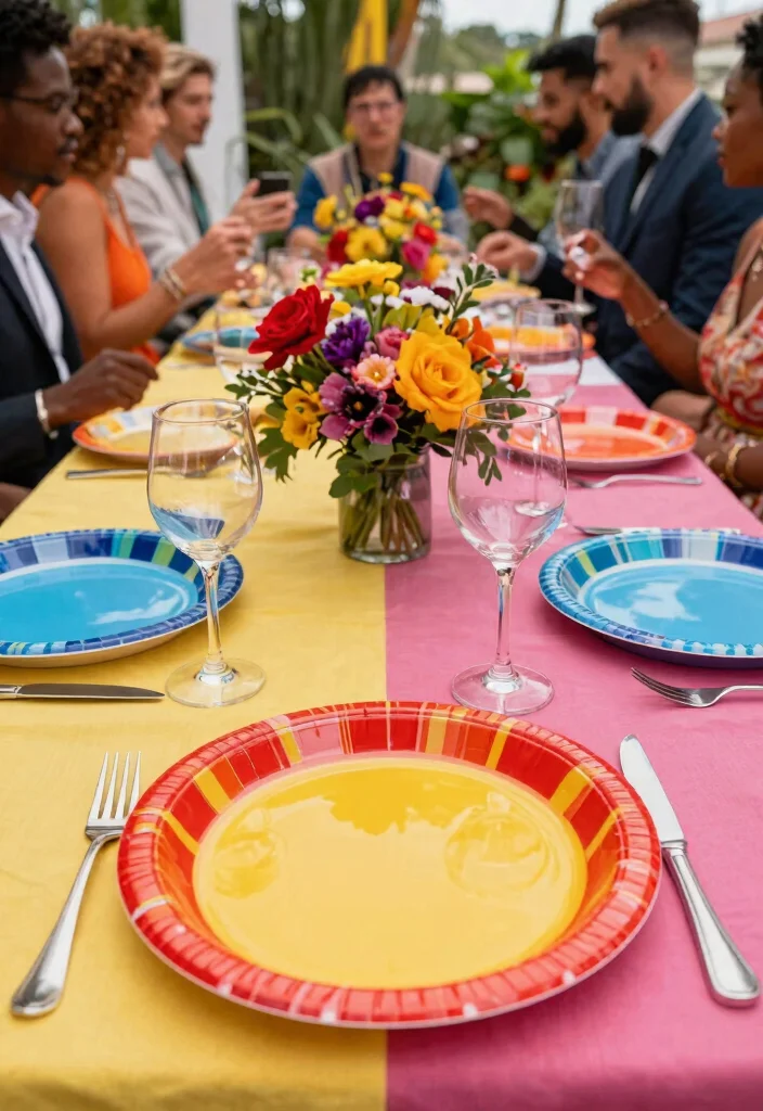 12 Disposable Wedding Table Settings That Look Like Real China - 11. Bright and Bold Graphic Plates 1