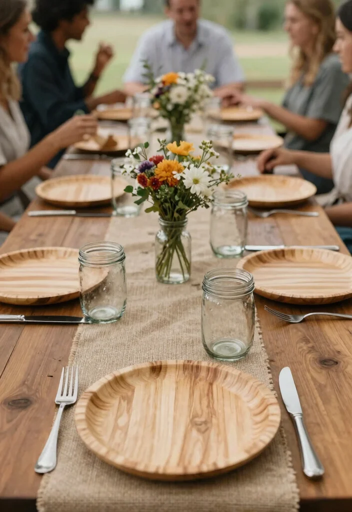 12 Disposable Wedding Table Settings That Look Like Real China - 2. Rustic Chic Wooden Plates 1