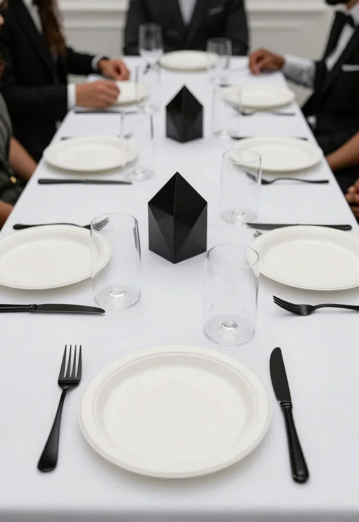 12 Disposable Wedding Table Settings That Look Like Real China - 5. Minimalist White with Black Accents 1