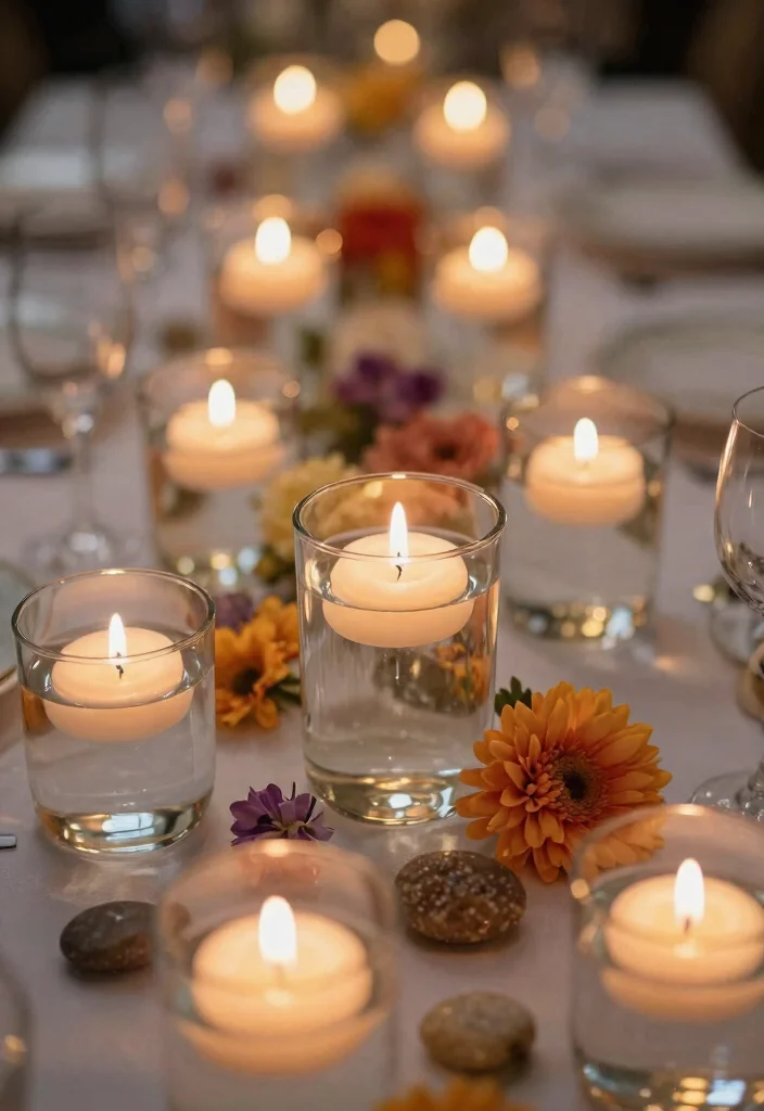 14 Flameless Candle Wedding Centerpieces That Stay Lit All Night - 10. Floating Candles in Water 1