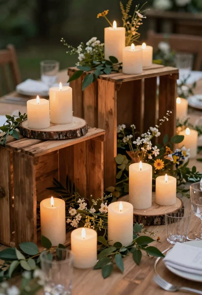 14 Flameless Candle Wedding Centerpieces That Stay Lit All Night - 11. Nature-Inspired Wood Accents 1