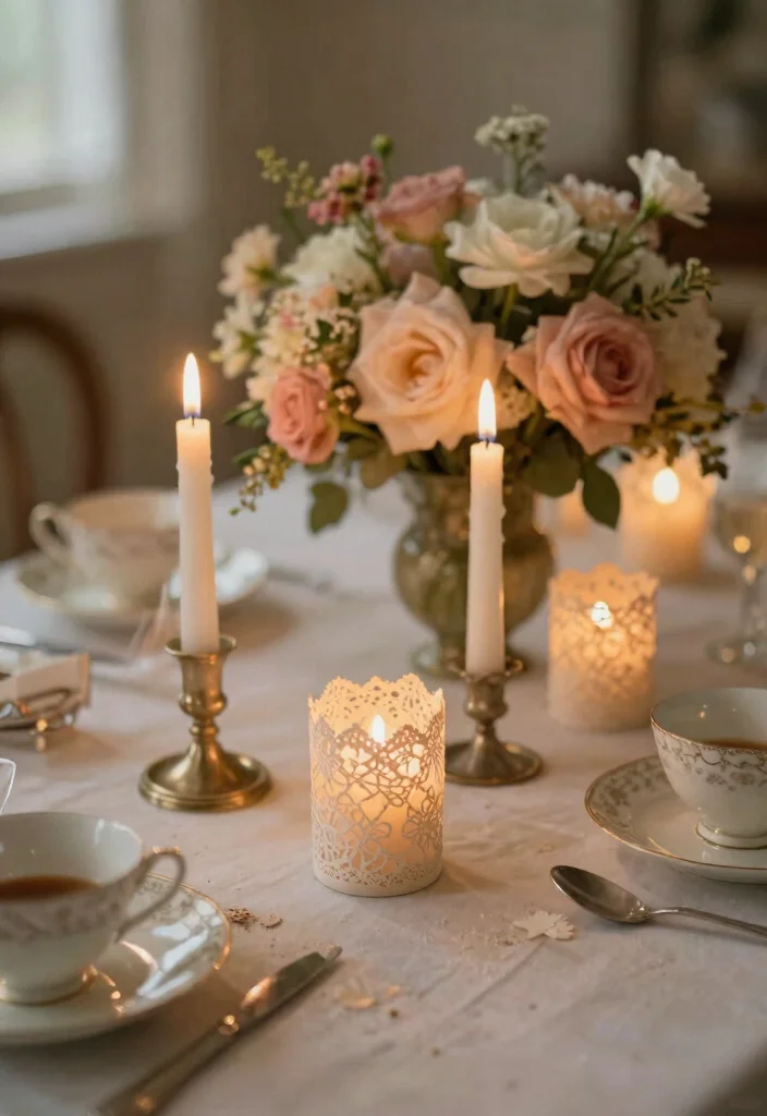 14 Flameless Candle Wedding Centerpieces That Stay Lit All Night - 6. Vintage Romance with Lace 1